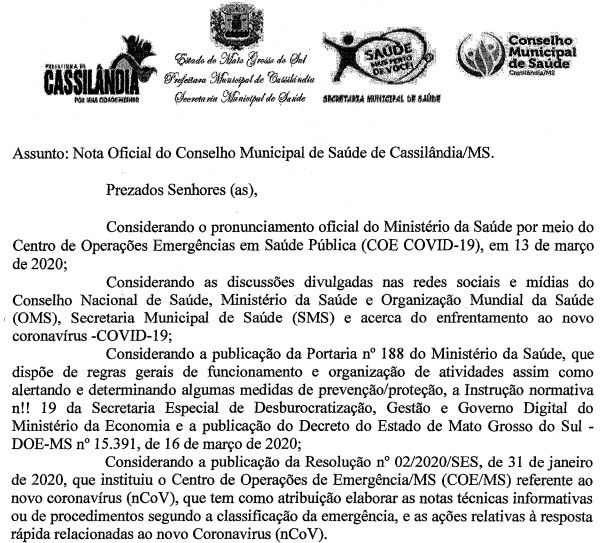 Conselho Municipal de Saúde de Cassilândia suspende reuniões pelo Coronavírus