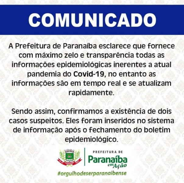 Prefeitura de Paranaíba confirma dois casos suspeitos de Coronavírus