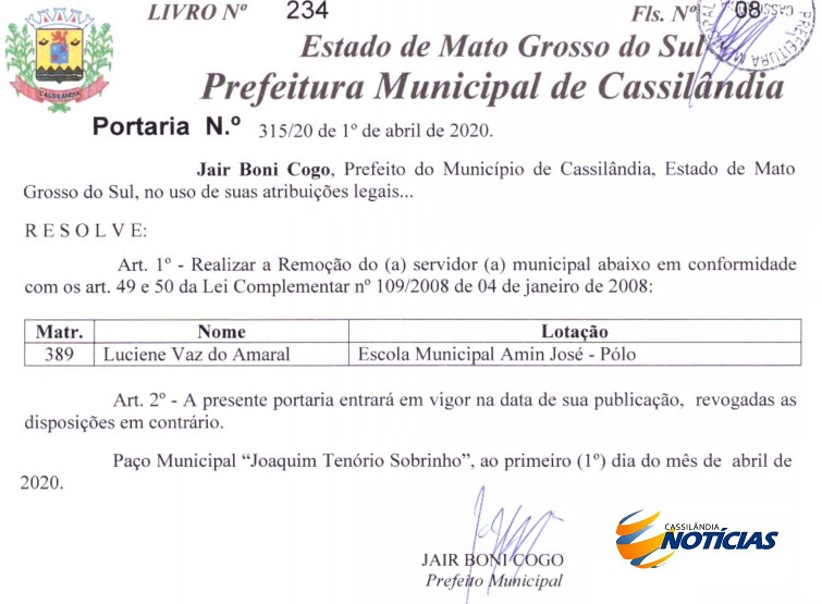 Prefeitura de Cassilândia realiza remoção de servidor