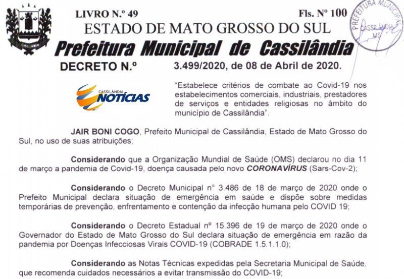 Covid-19: confira o novo Decreto da Prefeitura de Cassilândia para o comércio