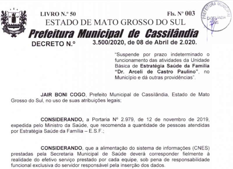 Prefeitura de Cassilândia suspende o funcionamento do ESF Dr. Arceli de Castro