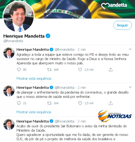 AGORA: Henrique Mandetta não é mais o Ministro da Saúde
