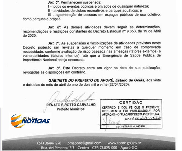 Aporé/Goiás: Prefeitura baixa Decreto com critérios para reabertura do comércio