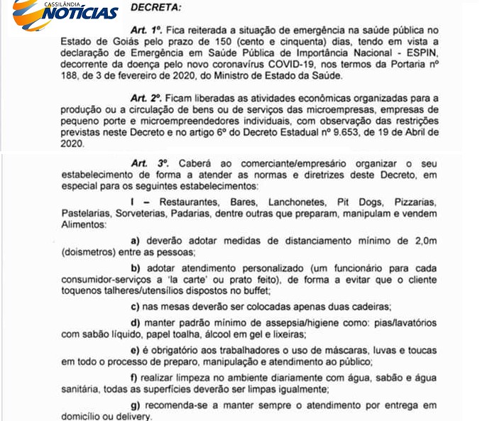 Aporé/Goiás: Prefeitura baixa Decreto com critérios para reabertura do comércio