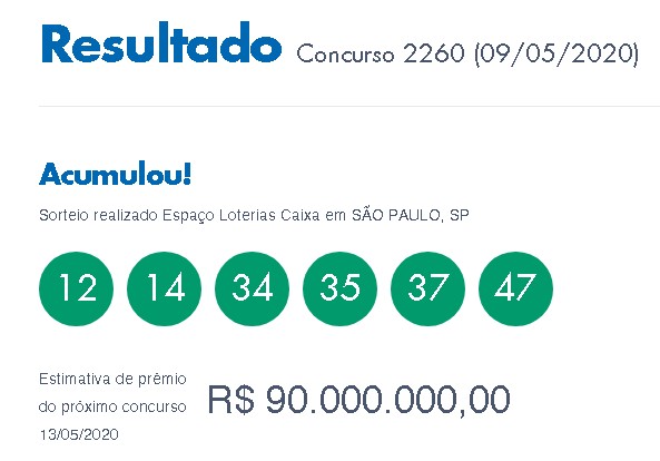 Loterias: Mega-Sena acumula em R$ 90 milhões; confira os números sorteados