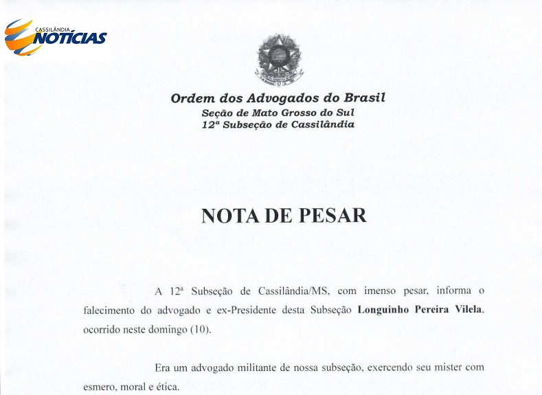 OAB emite Nota de Pesar pelo falecimento do advogado Longuinho Pereira Vilela 