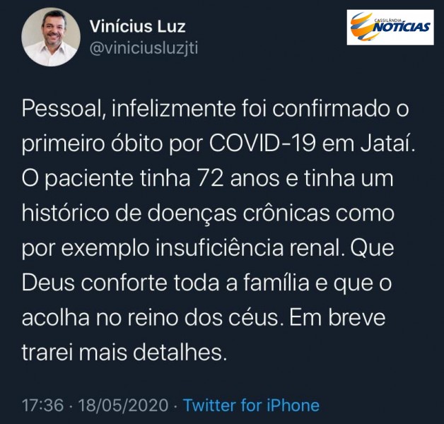 Prefeito confirma primeiro óbito por Covid-19 em Jataí - Goiás