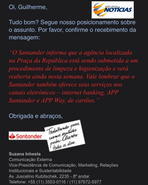 Exclusivo: Banco Santander responde ao Cassilândia Notícias