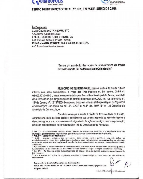 Obras da ferrovia em Quirinópolis, Goiás, são interditadas por conta do Covid-19
