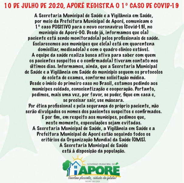 Saúde de Aporé, Goiás, emite comunicado sobre o 1º caso de Covid-19 no município