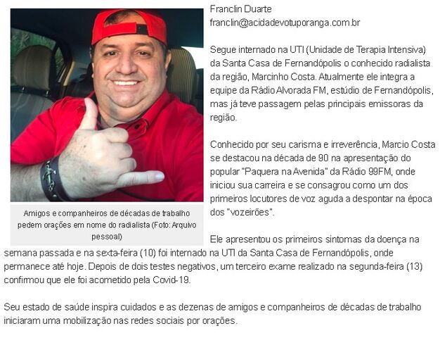 Sites de Fernandópolis repercutem a morte do radialista Márcio Costa