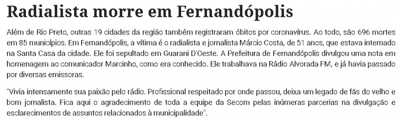 Jornal de São José do Rio Preto repercute o falecimento de Márcio Costa