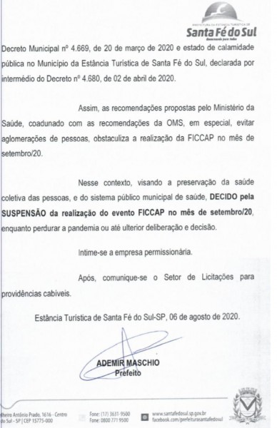 Prefeito suspende a realização da FICCAP 2020 em Santa Fé do Sul