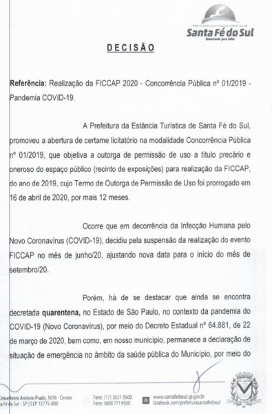 Prefeito suspende a realização da FICCAP 2020 em Santa Fé do Sul