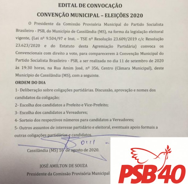 Edital de convocação do PSB de Cassilândia para as eleições 2020 