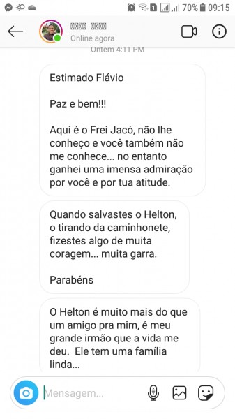 Frei Jacó enviou mensagem de agradecimento ao cassilandense Flávio