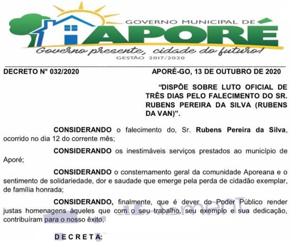Aporé, Goiás, decreta luto oficial