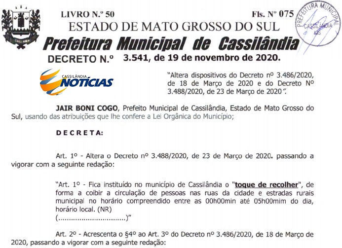 Prefeitura de Cassilândia altera horário do Toque de Recolher; confira decreto 
