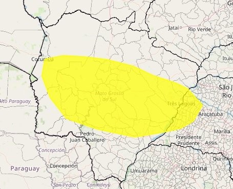 Faixa amarela sobre o mapa do Estado mostra zona de alerta para tempo seco (Foto: Reprodução/Inmet)