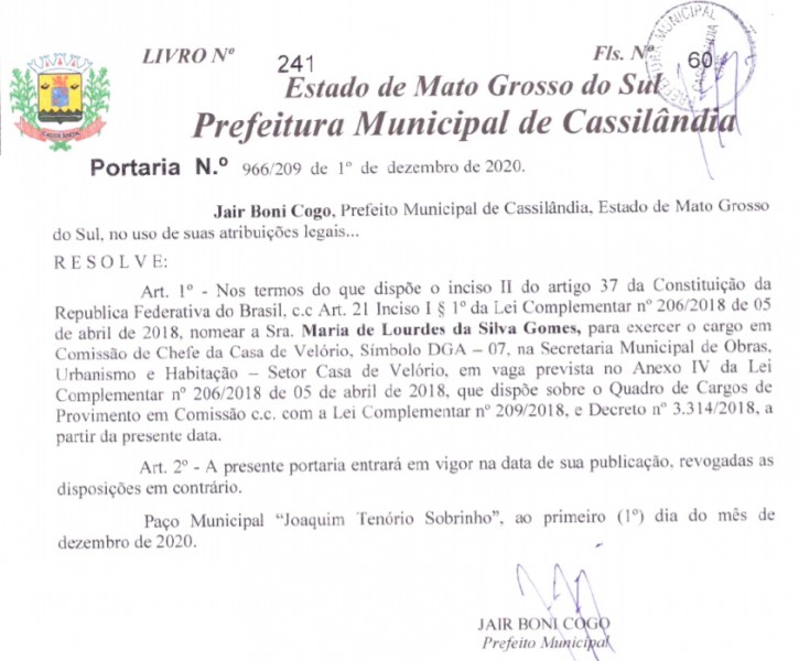 Prefeitura de Cassilândia nomeia Chefe da Casa de Velório