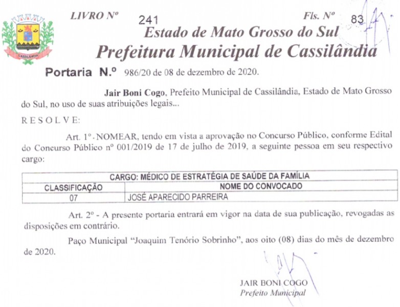 Prefeitura de Cassilândia nomeia médico aprovado em concurso para atender ESF