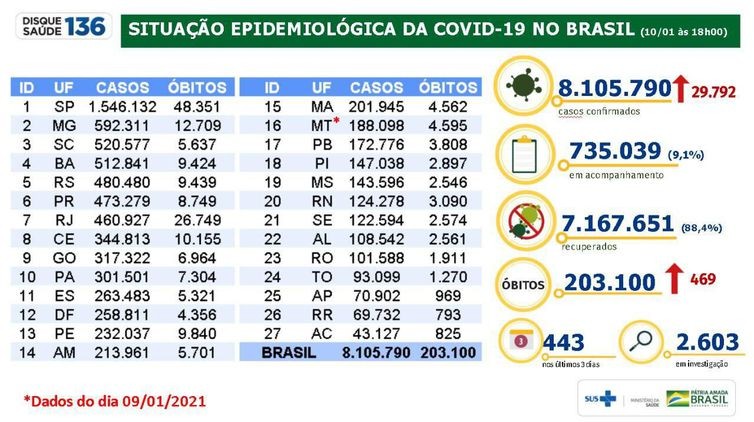 Brasil tem 8,1 milhões de casos acumulados de covid-19