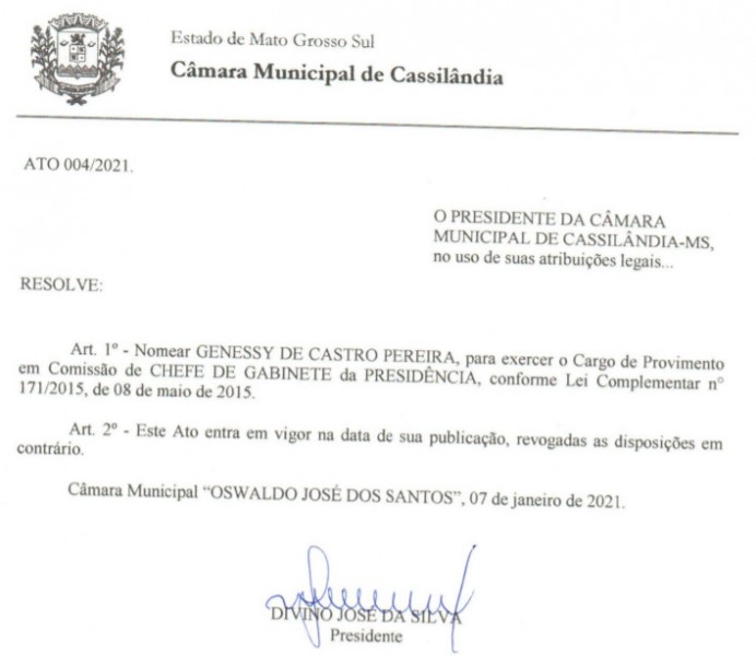 Genessy de Castro Pereira, conhecido como Cici Castro, é o novo Chefe de Gabiente da Presidência da Câmara Municipal de Cassilândia.