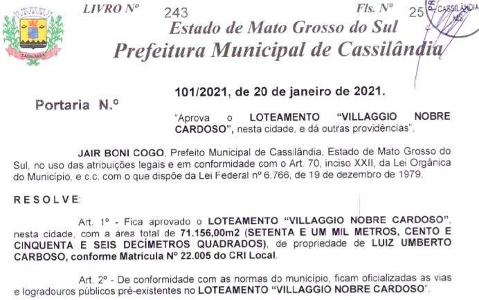 Cassilândia: Prefeitura aprova Loteamento Villaggio Nobre Cardoso