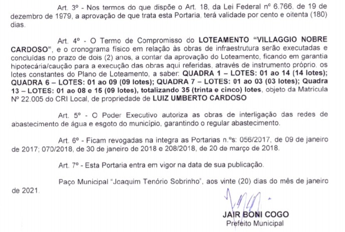 Cassilândia: Prefeitura aprova Loteamento Villaggio Nobre Cardoso