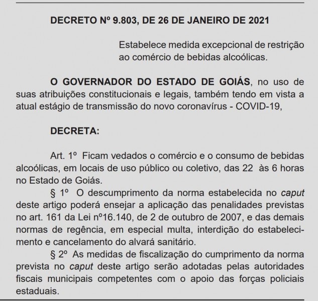 Goiás: Decreto Estadual proíbe a venda de bebidas alcoólicas após as 22h