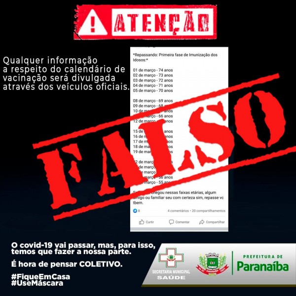 Prefeitura de Paranaíba informa que há fake news sobre datas de vacinação