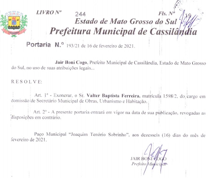 Cassilândia: Prefeito Jair Boni exonera Secretário Municipal