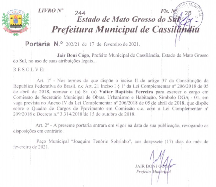Cassilândia: exonerado na quinta, Secretário Municipal é reconduzido ao cargo