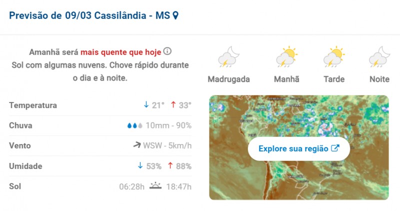 Casilândia: previsão do tempo para hoje em Cassilândia e Região