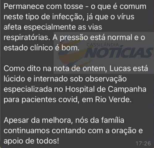 Novas e ótimas informações sobre o estado de saúde de Lucas Machado Ferreira