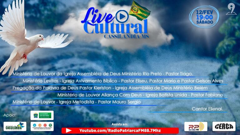 Assista hoje, às 19 horas,  pelo YouTube da Rádio Patriarca live gospel gravada em Cassilândia
