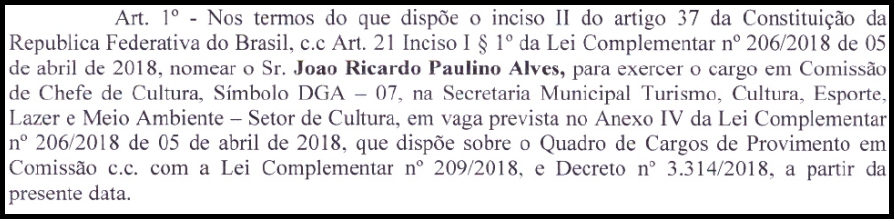 Cassil&acirc;ndia: Prefeito nomeia Chefe de Cultura e Diretor Coordenador de Meio Ambiente