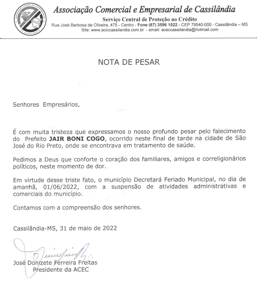 Cassil&acirc;ndia: Associa&ccedil;&atilde;o Comercial emite nota de pesar pelo falecimento de Jair Boni Cogo