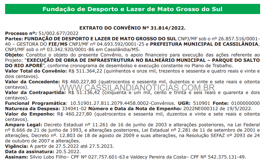 Cassilândia: Governo do Estado publica extrato do convênio para o Balneário