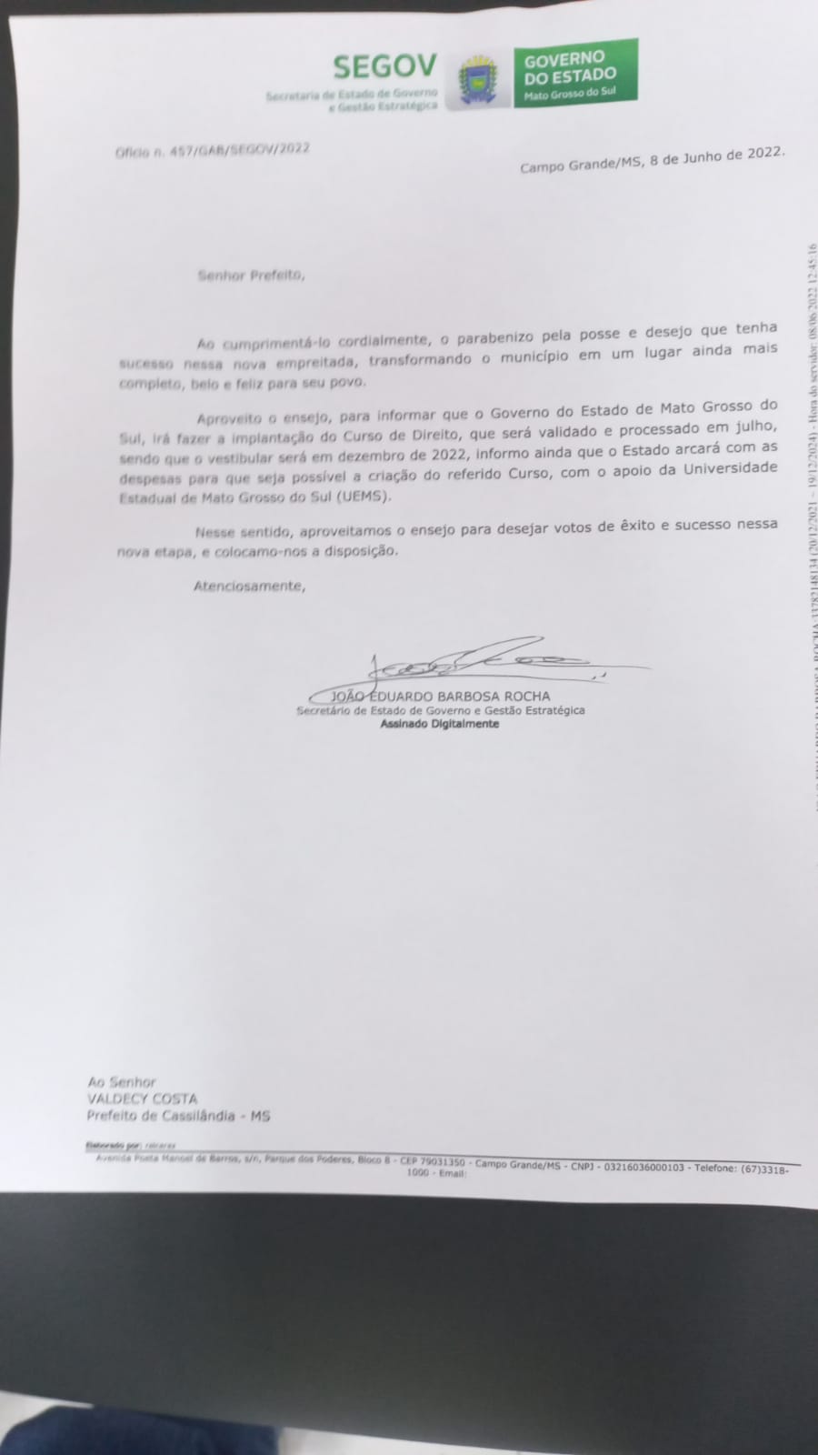 Veja o documento que o prefeito Valdecy recebeu hoje em Campo Grande