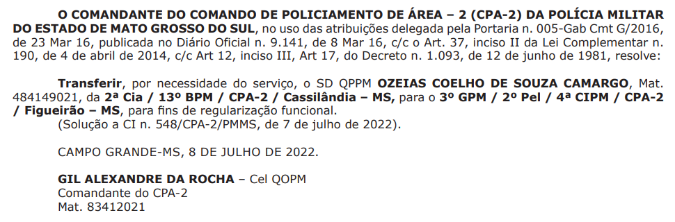 Por &quot;necessidade do servi&ccedil;o&quot; Cassil&acirc;ndia perde mais um policial para Figueir&atilde;o