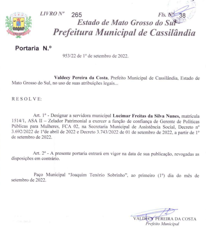 Cassilândia: Prefeitura designa servidor para cargo de Gerente de Políticas Públicas para Mulheres
