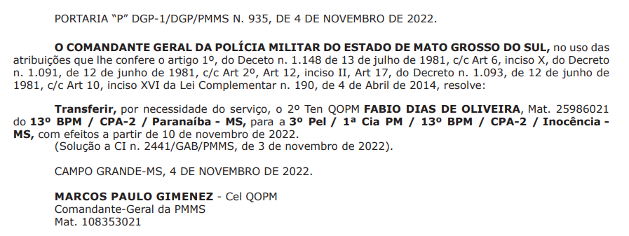 Ex-policial militar de Cassil&acirc;ndia assume o comando do Pelot&atilde;o da PM de Inoc&ecirc;ncia