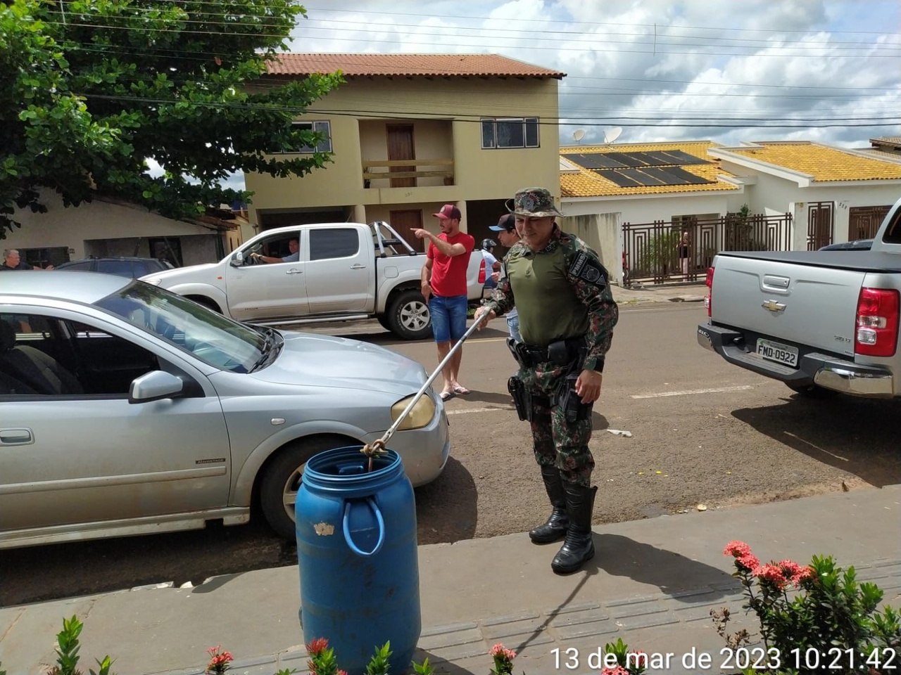 PMA captura uma cobra cip&oacute; de entre o motor e a carenagem de um ve&iacute;culo no centro de Cassil&acirc;ndia