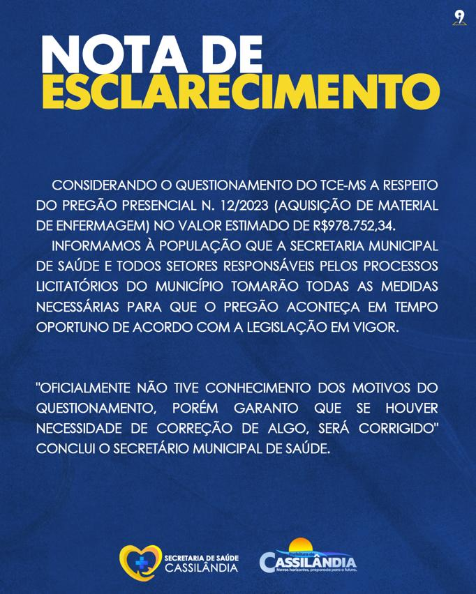 Cassilândia: Prefeitura emite nota sobre suspensão de licitação pelo Tribunal de Contas 