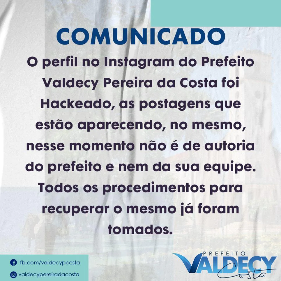 Cassil&acirc;ndia: Prefeito Valdecy tem seu perfil do Instagram hackeado