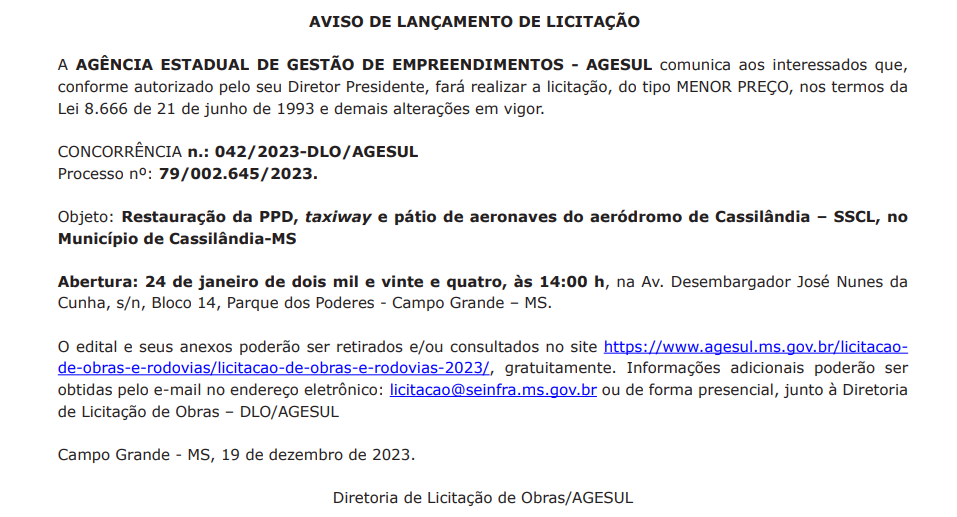 Governo do Estado abre processo licitat&oacute;rio para reforma do aer&oacute;dromo de Cassil&acirc;ndia