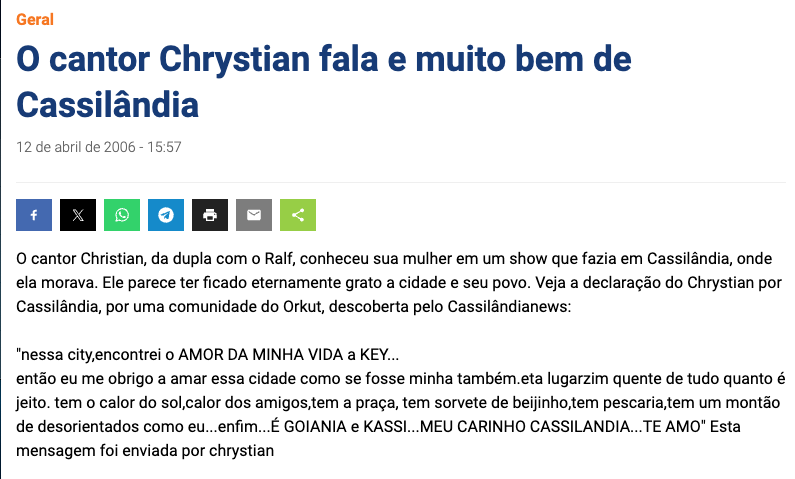Em 2006, cantor Chrystian publicava no Orkut seu amor por Cassilândia