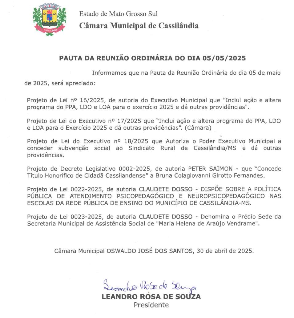 C&acirc;mara de Cassil&acirc;ndia: veja a pauta da reuni&atilde;o desta segunda-feira (05/05)