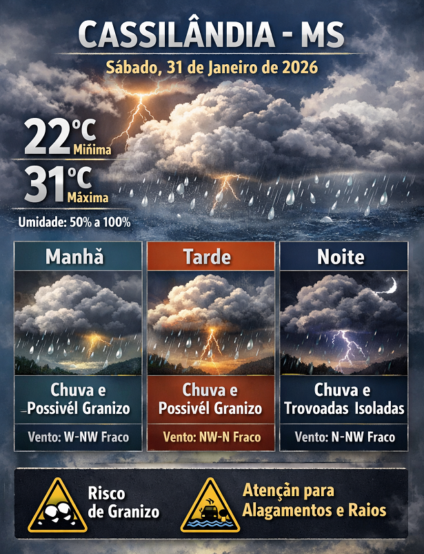 Previsão do tempo para sábado indica calor, chuva intensa e risco de granizo em Cassilândia